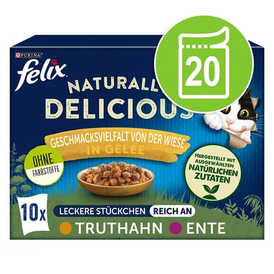 Felix Naturally Delicious zselében, réti ízváltozat. Színezék nélkül, természetes összetevőkből. Finom darabok pulykával és kacsával, 10 adag.