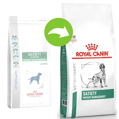 Royal Canin Satiety Weight Management -koiranruokapakkausten uudistus: vanha ja uusi pakkaus vierekkäin, vihreä nuoli osoittaa muutosta. Tuotenimi näkyy molemmissa pakkauksissa.
