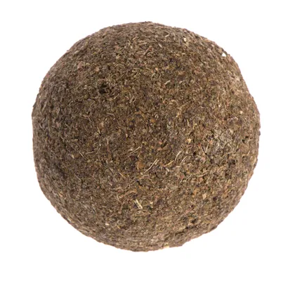 Brown ball made of pressed hay and herbs, suitable as a snack or toy for pets.