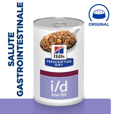 Hill's Prescription Diet i/d low fat, lattina di alimento umido con scritta 'SALUTE GASTROINTESTINALE' e simbolo ciotola con testo 'ORIGINAL'. Hill's Prescription Diet i/d low fat, lattina di alimento umido con scritta 'SALUTE GASTROINTESTINALE' e simbolo ciotola con testo 'ORIGINAL'.