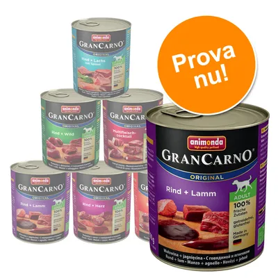 Flera burkar Animonda GranCarno Original hundmat, synliga sorter: Rind + Lamm, Rind + Wild, Rind + Herz, Multifleich-cocktail, Rind + Lachs mit Spinat. Orange cirkel med texten 'Prova nu!'. Flera burkar Animonda GranCarno Original hundmat, synliga sorter: Rind + Lamm, Rind + Wild, Rind + Herz, Multifleich-cocktail, Rind + Lachs mit Spinat. Orange cirkel med texten 'Prova nu!'.