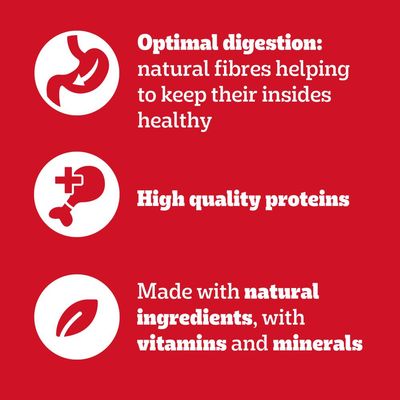 Optimal digestion with natural fibres, high quality proteins, made with natural ingredients plus vitamins and minerals. Key product benefits shown in text and icons.