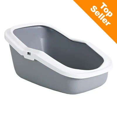 Bac à litière gris en plastique avec rebord blanc, mention « Top Seller » en haut à droite sur fond orange. Bac à litière gris en plastique avec rebord blanc, mention « Top Seller » en haut à droite sur fond orange.