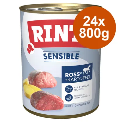 Rinti Sensible Ross + Kartoffel, 24x800g. Nur 2 tierische Proteine, glutenfrei, mit Hühnerleber. Optimal verträglich.