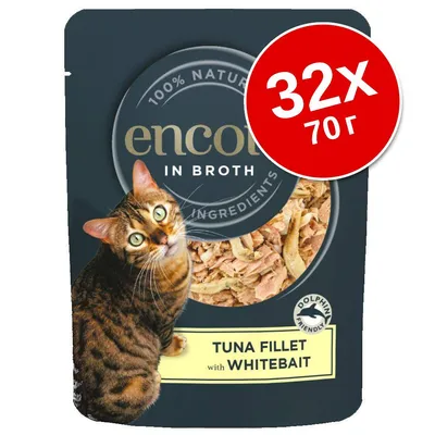 Encore In Broth, 32×70 г, Tuna Fillet with Whitebait, изображение на котка и храна в бульон. Надпис: Dolphin Friendly. Видими съставки вътре в опаковката. Encore In Broth, 32×70 г, Tuna Fillet with Whitebait, изображение на котка и храна в бульон. Надпис: Dolphin Friendly. Видими съставки вътре в опаковката.