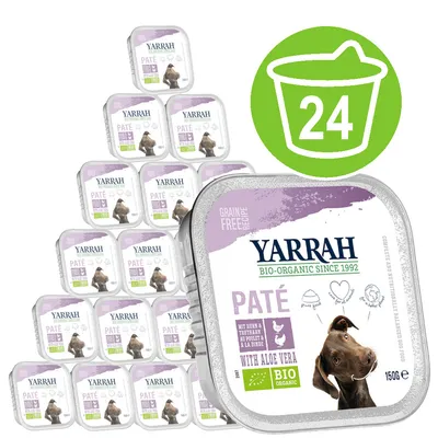 Yarrah Bio-Organic Paté with Aloe Vera, 150g trays, pack of 24. Grain free. Visible text: 'Pure food', 'Love for animals', 'With aloe vera', 'BIO organic'. Dog image on packaging. Yarrah Bio-Organic Paté with Aloe Vera, 150g trays, pack of 24. Grain free. Visible text: 'Pure food', 'Love for animals', 'With aloe vera', 'BIO organic'. Dog image on packaging.