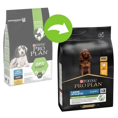 Două ambalaje hrană pentru câini Purina Pro Plan Large Athletic Puppy, unul vechi și unul nou. Text vizibil: OPTI START, HIGH PROTEIN, NO1 INGREDIENT CHICKEN, HEALTHY START, <2. Două ambalaje hrană pentru câini Purina Pro Plan Large Athletic Puppy, unul vechi și unul nou. Text vizibil: OPTI START, HIGH PROTEIN, NO1 INGREDIENT CHICKEN, HEALTHY START, <2.