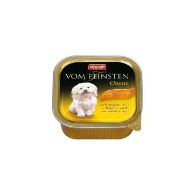 Animonda Vom Feinsten Classic, widoczny napis: Geflügel + Kalb, opakowanie z wizerunkiem białego psa na czarnym i żółtym tle.