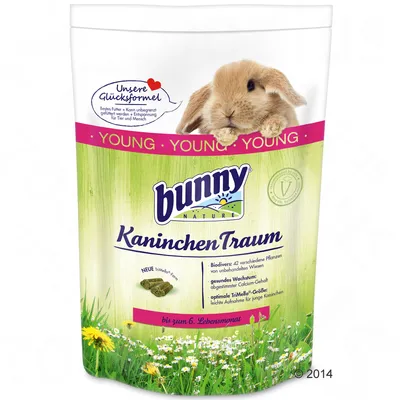 Confezione Bunny Nature KaninchenTraum Young, formula della felicità, per conigli fino al 6° mese. Testo in tedesco: Biodiversità, crescita sana, formato ottimale dei pellet.