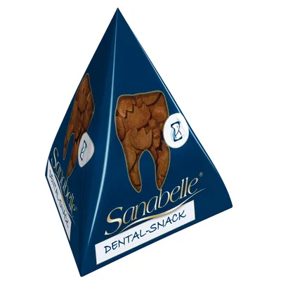 Sanabelle Dental Snack in pyramid-shaped packaging with a tooth symbol and a window showing the snacks. Sanabelle Dental Snack in pyramid-shaped packaging with a tooth symbol and a window showing the snacks.