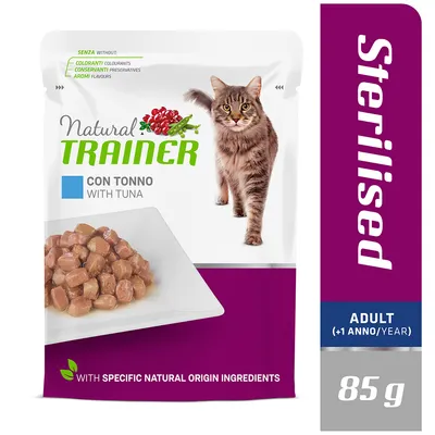 Natural Trainer cat food for sterilised cats, with tuna, 85 g. Free from colourants, preservatives and flavourings. With specific ingredients of natural origin.