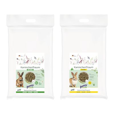 Lot de deux sachets Bunny Nature KaninchenTraum Herbs pour lapins, texte allemand, pastilles vertes, symbole pourcentage rouge indiquant une offre promotionnelle.