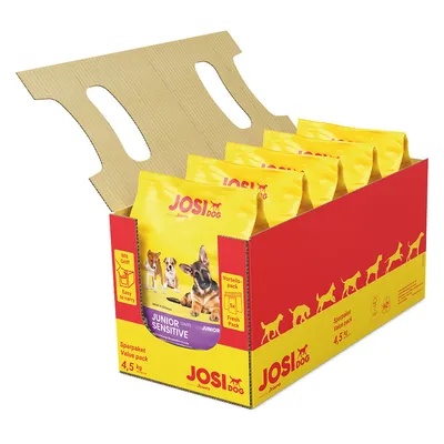 Carton ouvert contenant 5 sachets JosiDog Junior Sensitive, images de chiens sur l’emballage, texte visible : Sparpaket Value pack 4,5 kg, Vorteils-pack 5x Fresh Pack, Easy to carry.