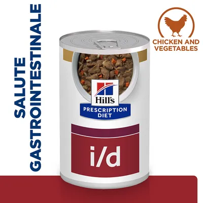 Hill's Prescription Diet i/d, salute gastrointestinale, CHICKEN AND VEGETABLES, lattina con cibo umido visibile e scritta verticale a sinistra. Hill's Prescription Diet i/d, salute gastrointestinale, CHICKEN AND VEGETABLES, lattina con cibo umido visibile e scritta verticale a sinistra.