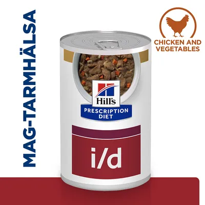 Hill's Prescription Diet i/d våtfoderburk med synliga bitar av kött och grönsaker. Text: MAG-TARMHÄLSA samt CHICKEN AND VEGETABLES.