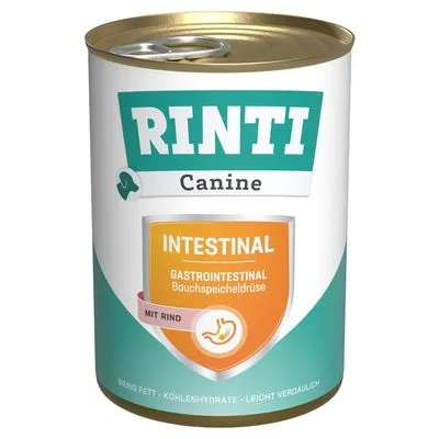 Rinti Canine Intestinal Gastrointestinal Bauchspeicheldrüse mit rund. Weinig vet, koolhydraten, licht verteerbaar. Blik hondenvoer met oranje label.