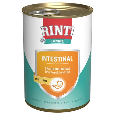 Konzerva Rinti Canine Intestinal, napisano: GASTROINTESTINAL Bauchspeicheldrüse, MIT HUHN. Spodaj: wenig Fett, Kohlenhydrate, leicht verdaulich. Besedilo v nemščini. Konzerva Rinti Canine Intestinal, napisano: GASTROINTESTINAL Bauchspeicheldrüse, MIT HUHN. Spodaj: wenig Fett, Kohlenhydrate, leicht verdaulich. Besedilo v nemščini.