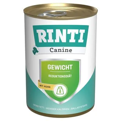RINTI Canine GEWICHT REDUKTIONSDIÄT mit Huhn, weinig vet, minder calorieën, ballaststoffen. Tekst deels in het Duits. RINTI Canine GEWICHT REDUKTIONSDIÄT mit Huhn, weinig vet, minder calorieën, ballaststoffen. Tekst deels in het Duits.
