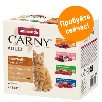 Упаковка Animonda Carny Adult Herzhafte Variation, 8×85 г. Варианты: говядина с курицей, индейкой и креветками, страусом, цесаркой. Текст: 'Попробуйте сейчас!'