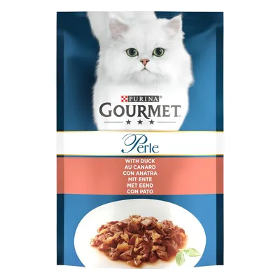 Purina Gourmet Perle comida para gatos con pato, imagen de trozos de carne en salsa. El envase muestra un gato persa blanco.