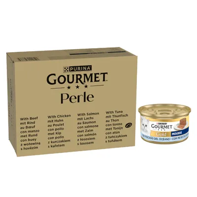 24x85 g gratis! 96x85 g Megapack Gourmet Perle + gratis 24x85g Gourmet Gold hrană umedă pisici - Perle 96 x 85 g Vită, pui, somon, ton (în sos) +  Gold Mousse Pește oceanic 24 x 85 g 