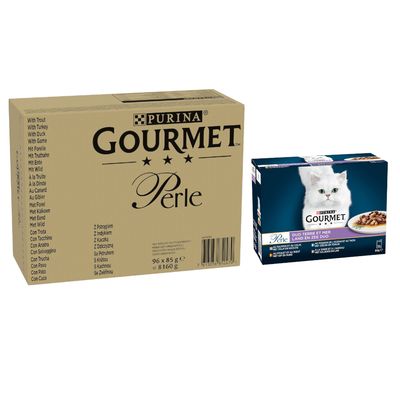 96 x 85 g Gourmet Perle natvoer + 24 x 85 g Gourmet Perle natvoer gratis! Forel, Kalkoen, Eend, Wild in Gelei