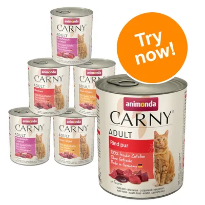 animonda Carny Adult cat food tins, visible flavours: Rind pur, Rind + Huhn, Multifleisch-Cocktail. Large orange circle with white text: Try now! animonda Carny Adult cat food tins, visible flavours: Rind pur, Rind + Huhn, Multifleisch-Cocktail. Large orange circle with white text: Try now!