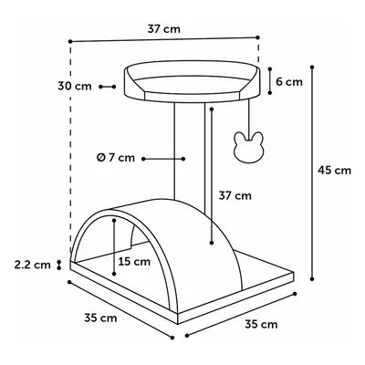 Diagram z wymiarami produktu: wysokość 45 cm, szerokość 35 cm, głębokość 35 cm. Platforma Ø 7 cm, wysokość 6 cm. Wysokość tunelu 15 cm, grubość podstawy 2,2 cm. Zabawka wisi 37 cm nad podstawą.