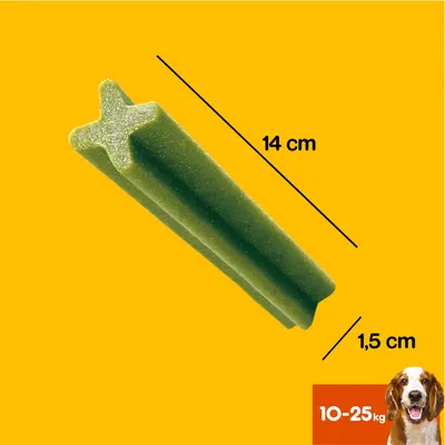 Gustare de ros verde, dimensiuni 14 cm lungime și 1,5 cm lățime. Potrivită pentru câini cu greutatea de 10-25 kg.