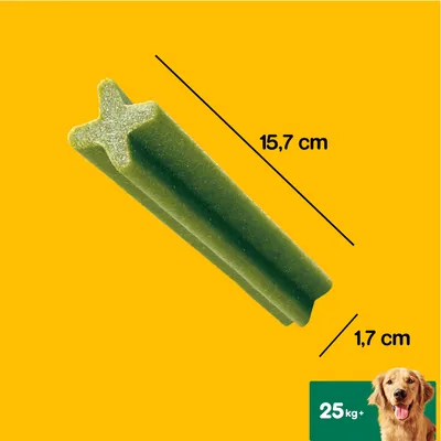 Grøn tyggepind, længde 15,7 cm og bredde 1,7 cm. Ikon med hund og tekst: 25 kg+ nederst til højre.