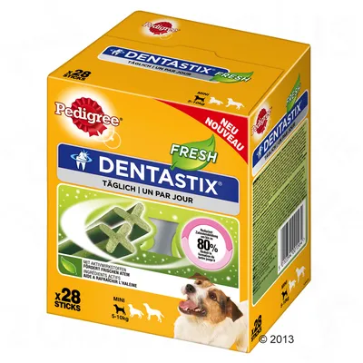 Pedigree Dentastix Fresh, täglich, 28 Sticks, Mini 5-10kg, reduziert Zahnsteinbildung um bis zu 80%, mit Aktivwirkstoffen, fördert frischen Atem. Pedigree Dentastix Fresh, täglich, 28 Sticks, Mini 5-10kg, reduziert Zahnsteinbildung um bis zu 80%, mit Aktivwirkstoffen, fördert frischen Atem.