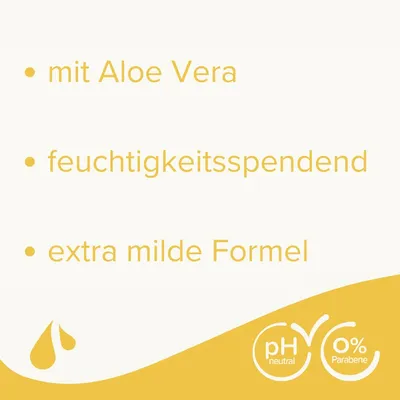 Texte en allemand : mit Aloe Vera, feuchtigkeitsspendend, extra milde Formel, pH neutral, 0 % Parabene.