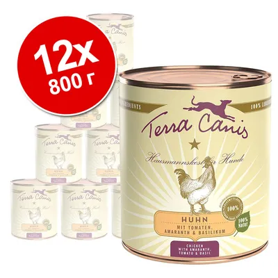 Комплект 12 консерви Terra Canis Huhn 800 г. Видими надписи: Hausmannskost für Hunde, MIT TOMATEN, AMARANTH & BASILIKUM, 100% Natur, CHICKEN WITH AMARANTH, TOMATO & BASIL.