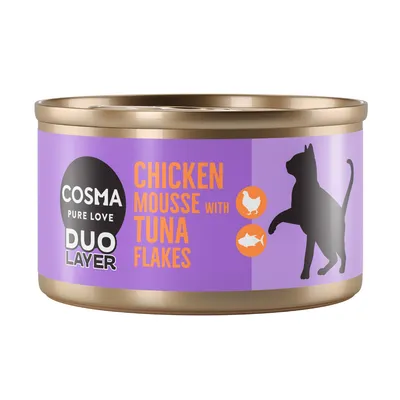 Lata de Cosma Pure Love Duo Layer, texto visible: Chicken mousse with tuna flakes, silueta de gato y símbolos de pollo y atún en la etiqueta violeta.