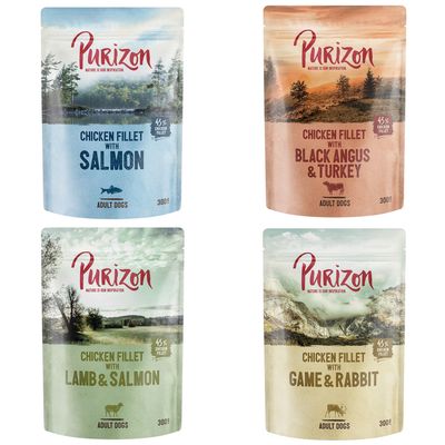 Purizon Original Adult 6 x 300 g Mixpaket 4 Sorten: Black Angus mit Truthahn, Lamm mit Lachs, Wild mit Kaninchen, Lachs