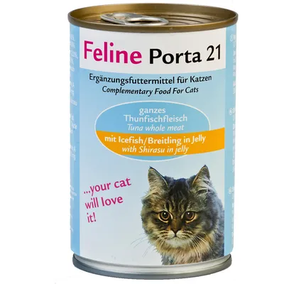 Feline Porta 21, alimento complementare per gatti, carne di tonno intera con icefish/Breitling in gelatina. Testo visibile anche in inglese e tedesco. Immagine di un gatto sul fronte. Feline Porta 21, alimento complementare per gatti, carne di tonno intera con icefish/Breitling in gelatina. Testo visibile anche in inglese e tedesco. Immagine di un gatto sul fronte.