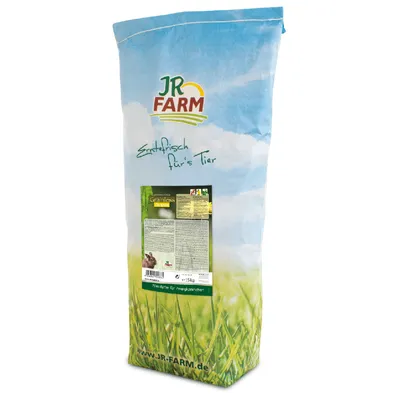 JR Farm Grainless Complete, frissen betakarítva az állat számára, 15 kg. Csomagolás termékinformációkkal és weboldallal www.jr-farm.de.