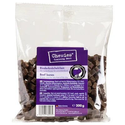 Chewies Training Maxi beef bones, snack for in between, 200g. Composition: meat and animal by-products (18% beef), Made in Germany.