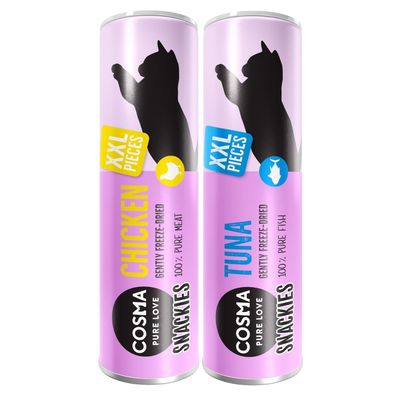 COSMA SNACKIES XXL PIECES, CHICKEN 100% PURE MEAT ja TUNA 100% PURE FISH, gently freeze-dried kissanherkut kahdessa purkissa, vaaleanpunainen tausta.