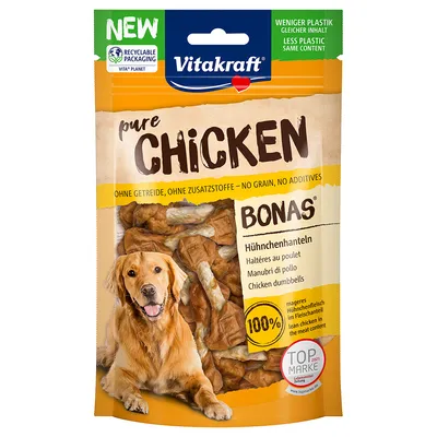 Vitakraft pure Chicken Bonas piščančje palčke, brez žit, brez dodatkov, manj plastike, 100 % pusto piščančje meso v mesnem deležu. Top znamka 2021.
