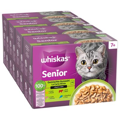 Whiskas Fisch Auswahl in Gelee, 144x Portionsbeutel für Katzen ab 7 Jahren. Sorten: Lachs, Thunfisch, Kabeljau, Weißfisch. 100% ausgewogene Zutaten.