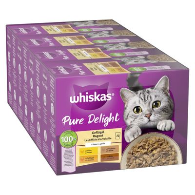 Whiskas Pure Delight blandat ragout i gelé, 48x portionspåsar. Synliga smaker: nöt, kyckling, lax, tonfisk. Bild på katt och skål med mat på förpackningen.