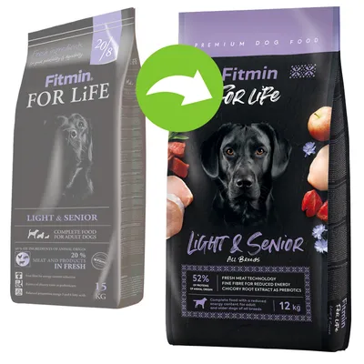Porovnanie starého a nového balenia Fitmin For Life Light & Senior pre psov, 15 kg a 12 kg, viditeľné zmeny dizajnu a informácie o obsahu bielkovín a čerstvého mäsa.