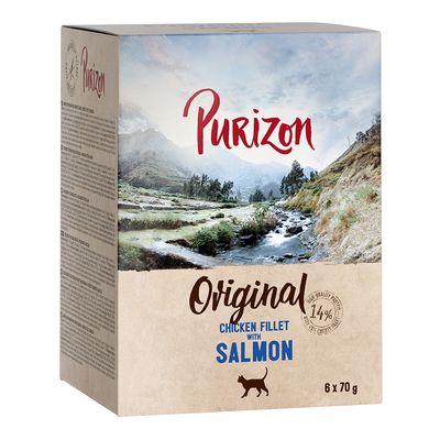 Purizon Original Kipfilet met Zalm, 14% kipfilet, 6 x 70 g, verpakking met landschapsmotief en kattensymbool.