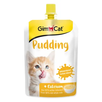 GimCat Pudding, με μειωμένη λακτόζη, με ασβέστιο, από 90% πραγματικό πλήρες γάλα. Συσκευασία με πορτοκαλί γάτα και μπολ με πουτίγκα.