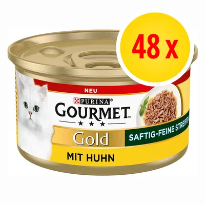 Lata de Purina Gourmet Gold con texto visible: NEU, SAFTIG-FEINE STREIFEN, MIT HUHN. Imagen de un gato blanco y trozos de carne. Círculo amarillo con 48 x en rojo.