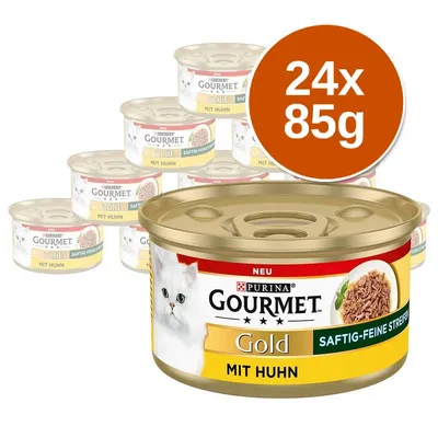 Balíček 24 konzerv Purina Gourmet Gold mit Huhn, každá po 85 g. Na etiketě je bílá kočka a nápisy: NEU, SAFTIG-FEINE STREIFEN, MIT HUHN.