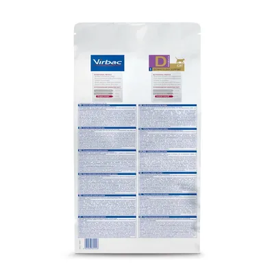 Embalagem de ração Virbac Dermatology Support Cat, texto visível: 'Nutritional profile', 'Hypoallergenic Canine/Feline Diet', tabelas informativas em várias línguas.