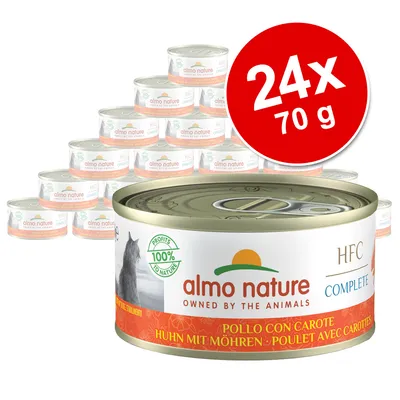 Almo Nature HFC Complete nedves macskaeledel, csirke sárgarépával, 24 x 70 g-os csomag. A profit 100%-a természet- és állatvédelemre megy.