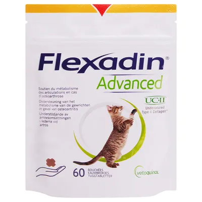 Flexadin Advanced, 60 bouchées pour chats, soutien du métabolisme des articulations en cas d’ostéoarthrose, UC-II Collagen, marque Vetoquinol. Texte en français, néerlandais, suédois.